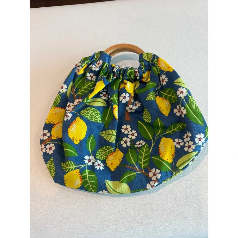 Handmade Lemon Print Canvas Handbag Blue Citrus Floral Wooden Circle Handle Bag